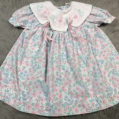 Vintage Toddler Girls Pink White Blue Green Floral Ribbon Dress • $25