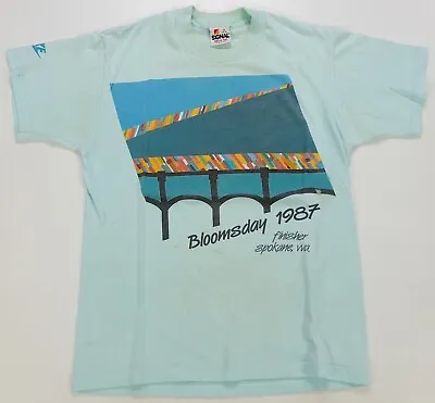 Rare Vintage NIKE Bloomsday 1987 Finisher Spell Out Swoosh T Shirt 80s Blue SZ S • $29.99