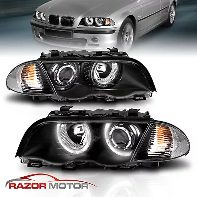 [Dual LED Halo] 1999 - 2001 Fit BMW E46 3 Series Sedan Projector Black Headlight • $206.95