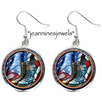 Veterans Day EARRINGS Combat Boots  American Flag Dog Tags Silver Charm Dangle • $21.99