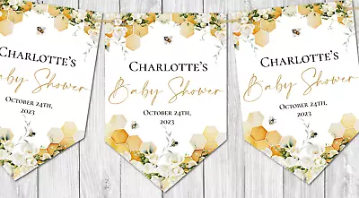 Personalised Cream Floral Honey Bee Baby Shower Party Bunting/Banner & Ribbon • £6.99