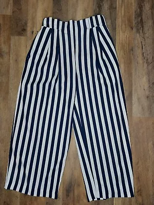 Zara Basic Pants Womens XS Striped Pull On Wide Leg Pants Navy White Wide Stripe • $15.95