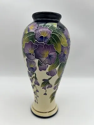 J McCall Blue Sky Wisteria Vase Handcrafted 2005 8” Purple Flowers W Leaves • $53.13