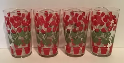 Set Of 4 Vintage Libbey Drinking Glasses Red Potted Tulips 4 5/8” Tall 8 Oz. • $19.99