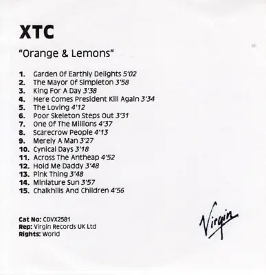 XTC ~ Oranges & Lemons ~ Rare 2001 UK Virgin Records 15-track PROMO CD Album • £14.99