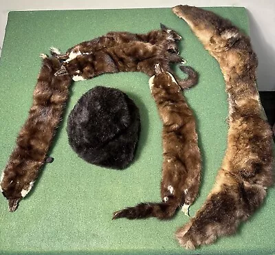 Vintage 4 Mink Attached Fur Pelts Wrap Scarf Taxidermy + Hat & Collar -Mixed Lot • $59.99