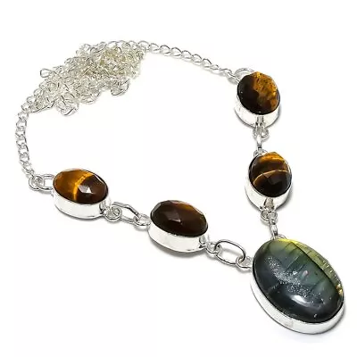 $0.18 • Buy Labradorite, Tiger Eye Gemstone 925 Silver Jewellery Necklace 18  Y434