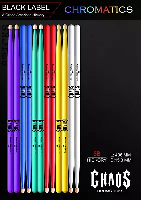 $99 • Buy CHAOS 5B DRUMSTICKS - X6 PAIRS DRUM STICKS RED GREEN BLUE PURPLE YELLOW WHITE