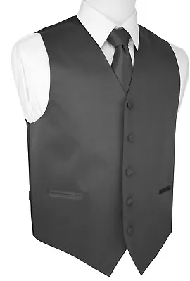 Men's Charcoal Satin Formal Dress Tuxedo Vest Tie & Hankie Set. Wedding Prom • $19.89