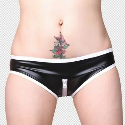 Lady Latex Micro Shorts Hot Pants PVC Metallic Wet Look Booty Zipper Open Crotch • £17.63