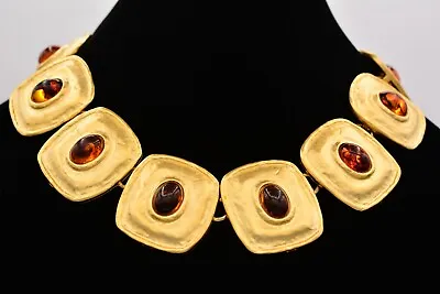 Vintage Cabochon Collar Necklace Brushed Gold Amber Jelly Chunky Etruscan Bin3D • $127.96