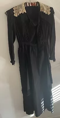 Antique Mourning Dress Lace Collar & Trim Large Swing Pockets W/Fringe Hooks S • $324.99