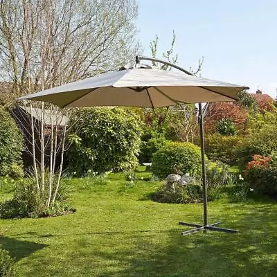 Garden Cantilever Parasol 3 Metre Patio Shade Heavy Duty Metal Base Crank Grey • £92.99