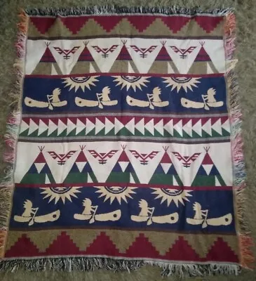 Vintage CROWN CRAFTS Decorative Blanket / Throw ~ Native American Teepee Canoe • $79.95