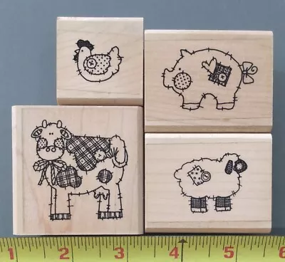 COUNTRY STITCH FARM ANIMALS SET OF 4 STAMPS Wood/Rubber Cow Pig Sheep Chicken • $11