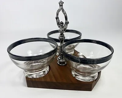 Vintage MCM Silver Rimmed Glass Cups And Wood Bar Condiment Caddy Server Tray • $20.96