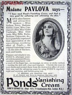 Pond's Vanishing Cream Cosmetics ADVERT (Madame PAVLOVA) - Small 1920 Print AD • £2.27