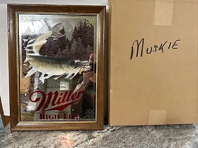 Vtg Miller High Life Beer Mirror MUSKIE Fishing Sign Wisconsin RARE 1st Edition • $611.96