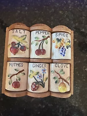 Cute Vintage Rustic Mini Wooden Spice Rack With Ceramic Botanical Theme Shakers • $12