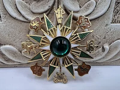 Vtg Heraldic Brooch Coats Of Arms & Crowns Gold Tone Metal Alloy Enamel Crystal • $12.25