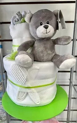 Unisex Two Tier Nappy Cake With Cute Grey Bear Gender Neutral Baby Shower Gift • £34.99