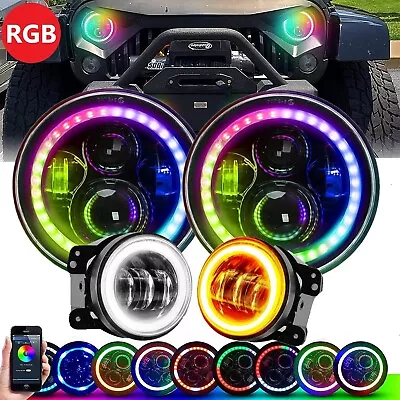 7  RGB Halo LED Headlights +4  Fog Lights Combo Kit For Jeep Wrangler JK 2007-17 • $92.78