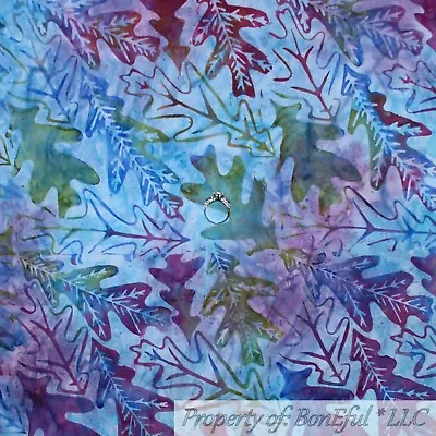 BonEful Fabric FQ Cotton Quilt Blue Green Purple BATIK Fall Color Tree Leaf Tone • $7.79