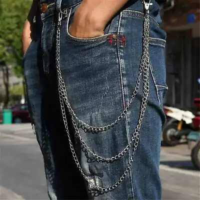 3 Layers Punk Metal Chain Jeans Clip Keyring Waist Belt Trousers Pant Silver • £4.99