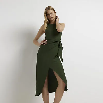 River Island Womens Bodycon Wrap Midi Dress Khaki Sleeveless Crew Neck • £11.10