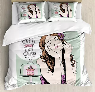 Keep Calm Duvet Cover Set Eat Cake Text And Woman • £32.99