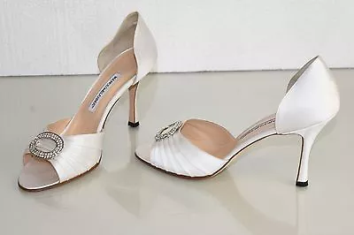 $785 NEW MANOLO BLAHNIK SEDARABY 90 White Satin JEWELED SHOES 41 Wedding Bridal • $435