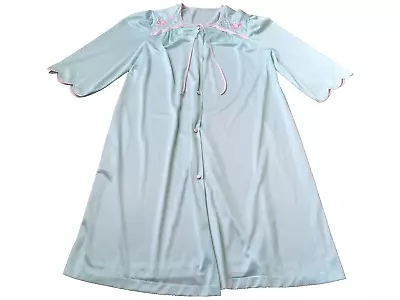 VTG 80s Lorraine Robe Floral Embroidery Lace Satiny House Coat Sz L Blue READ • $2.99