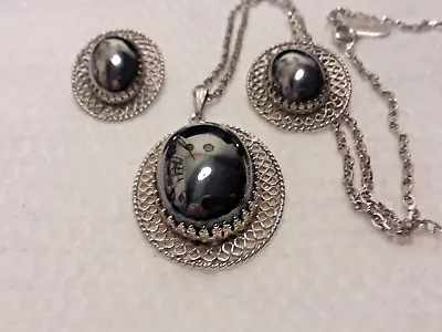 Whiting & Davis Faux Hematite Pendant Necklace And ClipOn Earrings 06-01-2023 • $25.99