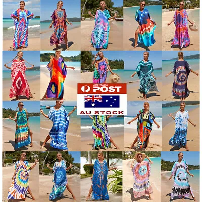 Women's Long Maxi Tie Dye Summer Boho Kaftan Caftan Loose Dress Large Plus Size • $44.50