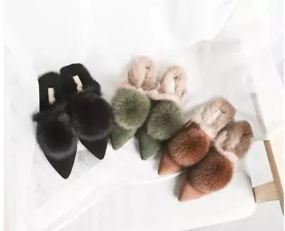 Womens Lady Mink Fur Ball Pointy Toe Slippers Rabbit Fur Lined Mules Loafers NEW • $50.15