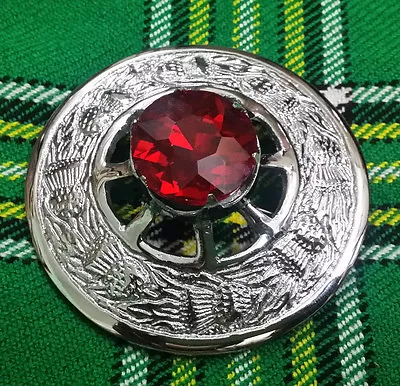 Traditional Scottish Kilt Fly Plaid Brooch Red Stone Chrome Finish 3  Brooches • £12.99