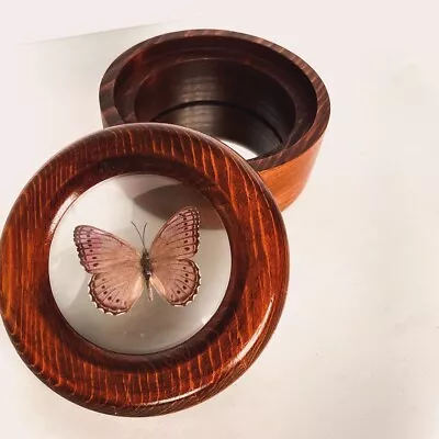 Rare Vintage MCM Dome Entomology Purple Butterfly Wood Trinket Jar With Mirror • $35