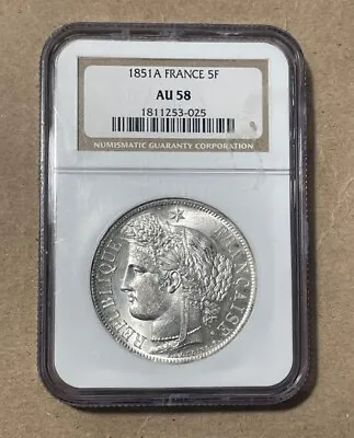 France - 1851-A Large Silver 5 Francs (NGC AU 58) - Nice • $440