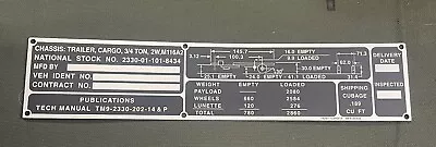 M37 M715 CUCV M35A1 M806 M939 Army Truck HMMWV M116A2 3/4T Trailer Data Plate • $22