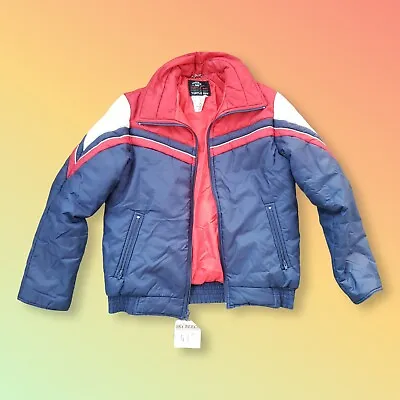 Vintage 70s 80s Ski Style Puffer Jacket Red White Blue Stripe - Medium Mens • $65