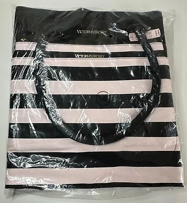 Large Victoria’s Secret Canvas Tote Duffel Travel Bag Black White Stripe New • $9.99