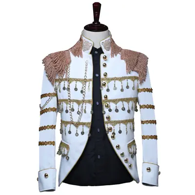 Men's Fringe Sequin Slim Military Jacket Stage Show Singer Nightclub Blazer Chic • $104.38