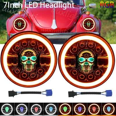 For VW Beetle 1967-1979 2X 7“Inch RGB Skull LRound LED Headlight Hi/Lo Beam Halo • $53.99