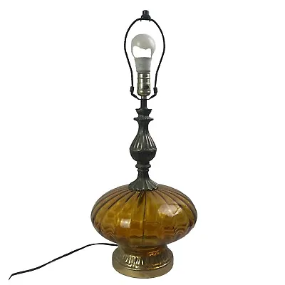 Vintage MCM Amber Glass Globe Table Lamp Light Retro 60s 70s Mid Century Modern • $75.99