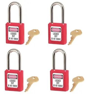 Set Of 4 Master Lock 410KARED Lockout Tag Out Padlocks Keyed Alike • $25.49