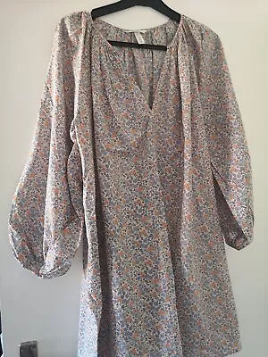 BNWOT H&M Ditsy Floral Puff Sleeve Tunic Dress Kaftan Cover Up Oversized S Small • £17.95