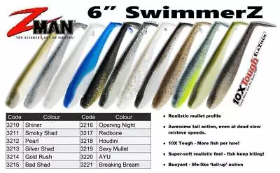  Zman 6  Inch SwimmerZ Soft Plastic Fishing Lures Z Man Zman Swimmers BRAND NEW  • $16.94