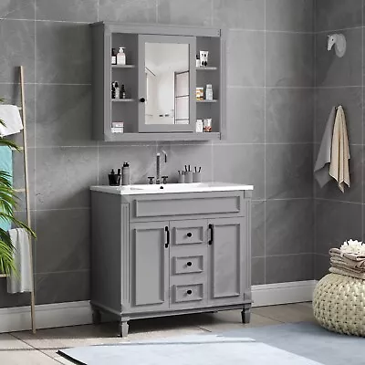 36'' Bathroom Vanity With Top Sink & Mirrorred Wall Mount Cabinet Gray • $759