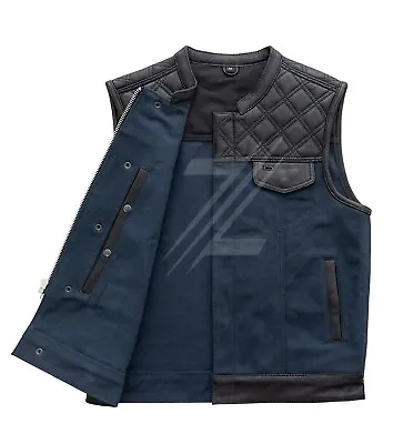 Men's Motorcycle Cowhide Blue Canvas Leather Vest Diamond Quilted Bikers Vest • $162