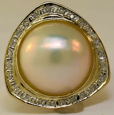 14K YELLOW GOLD MABE PEARL (14mm) DIAMOND RING SIZE 5.5 • $350